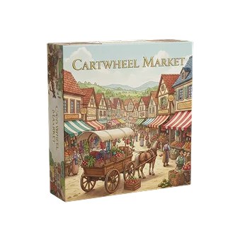 Uma caixa de jogo de tabuleiro retrata uma carroça puxada por cavalos num mercado colorido da cidade. Bancas às riscas, mercadorias e casas tradicionais alinham a rua animada.