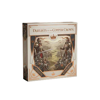 Uma caixa de jogo de tabuleiro mostra dois duelistas de armadura, frente a frente acima de um campo de batalha, com uma coroa de cobre centrada acima.