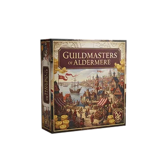Uma caixa de jogo de tabuleiro retrata uma cidade portuária medieval movimentada com navios mercantes, bancas de mercado e edifícios com telhados vermelhos. Moedas de ouro decoram o primeiro plano.