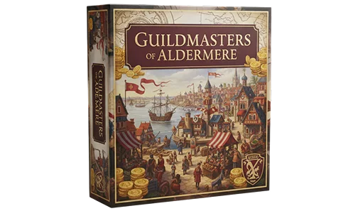 Uma caixa de jogo de tabuleiro retrata uma cidade portuária medieval movimentada com navios mercantes, bancas de mercado e edifícios com telhados vermelhos. Moedas de ouro decoram o primeiro plano.