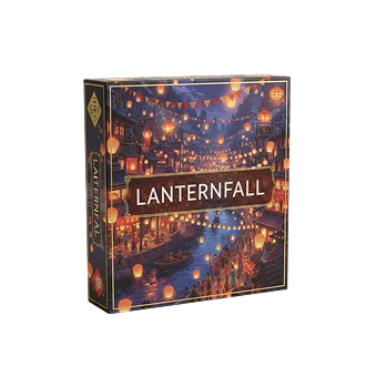 Uma caixa de jogo de tabuleiro apresenta um festival movimentado num canal iluminado por filas de lanternas coloridas. Barcos, multidões e edifícios decorados preenchem o cenário noturno.