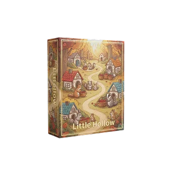 Uma caixa de jogo de tabuleiro ilustrada com tons quentes mostra animais da floresta entre casas e caminhos sinuosos. Cestos de produtos e cores de outono criam uma cena acolhedora de aldeia.