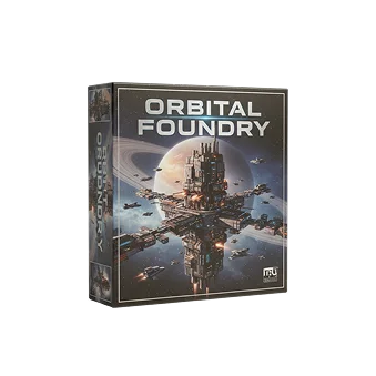 Uma caixa de jogo de tabuleiro escura exibe uma grande estação espacial industrial contra um planeta e o espaço profundo. Pequenas naves rodeiam a estrutura central luminosa.