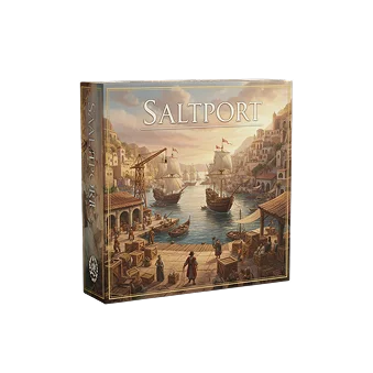 Uma caixa de jogo de tabuleiro apresenta um porto costeiro iluminado pelo sol com navios à vela, docas e edifícios à beira-mar. Cargas e pequenas figuras rodeiam o porto movimentado.