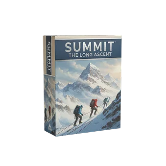 Uma caixa de jogo de tabuleiro vertical mostra três alpinistas amarrados a uma corda a subir uma encosta íngreme e nevada. Picos irregulares e nuvens pálidas dominam o cenário alpino.